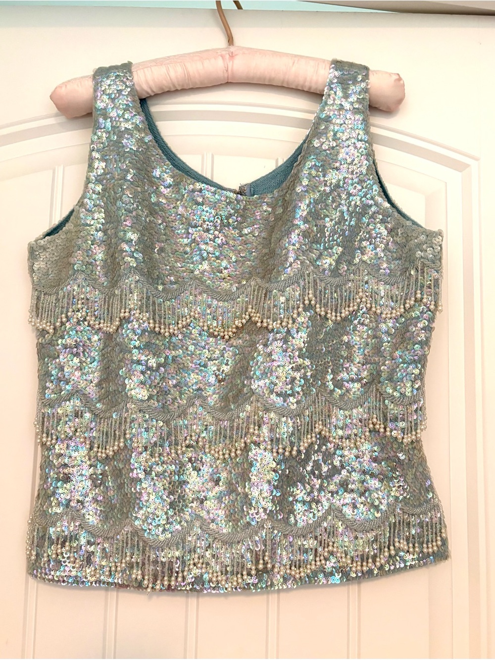 Vintage Sequin Beaded Scoop Neck Tank Top with stretch in Mermaid color palette